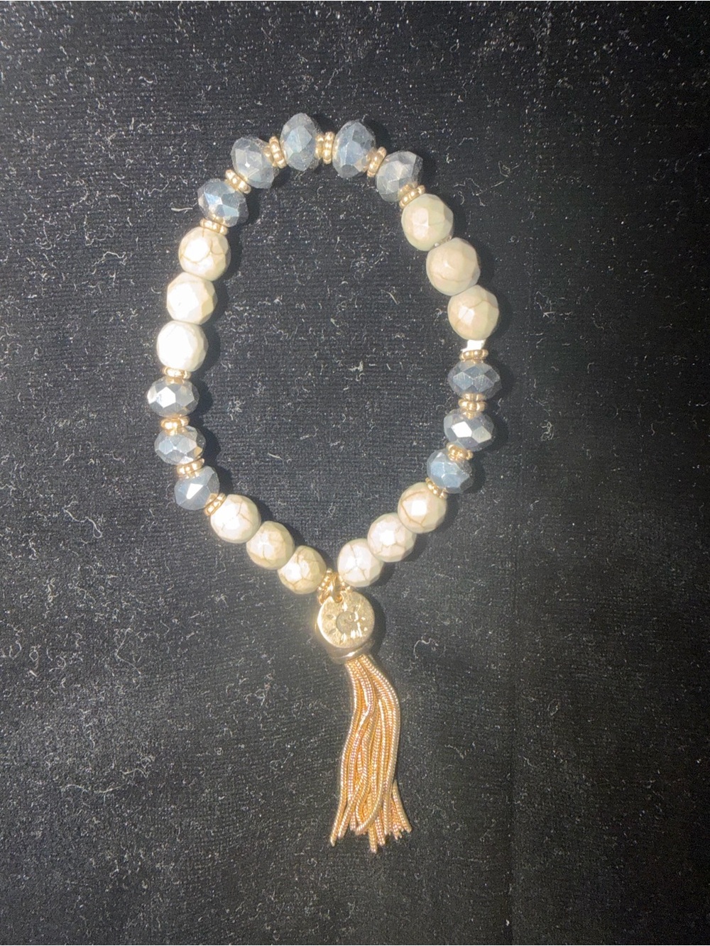 Gold Tassel Bracelet with White and Light Blue Beads